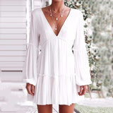 Deep V Neck Lantern Long Sleeve Dress