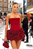 Strapless Corset Floral Ruffle Red Dress