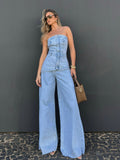 Splicing Tube Top Denim Jumpsuit