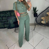 Short Sleeve Lapel High Waist Loose Pant Suit