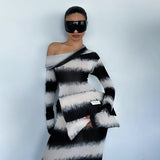 Striped Oblique Shoulder Long Sleeve Dress