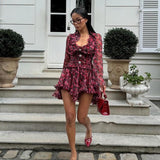 Floral Deep Neck Long Sleeve Mini Dress