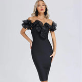 Bandage one-line strapless mesh black dress