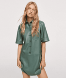 PU leather short-sleeved green mini dress.