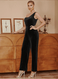 Retro one-shoulder velvet stitching lace wide-leg waist jumpsuit - The Woman Concept