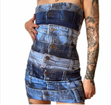 Robe à bretelles en denim imprimé