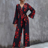 Floral Print Belted Wide Leg Jumpsuit