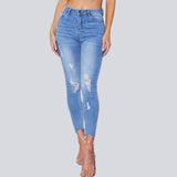 Elastic Ripped Cutout Cuff Washed Jeans - The Woman Concept