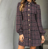 Retro Lapel Puff Sleeve Waist Slim Dress.