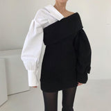 Knitted stitching fake two-piece slanted shoulder dress.